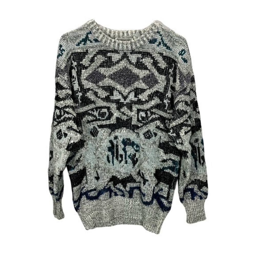 Vintage Method Women’s Grey Black Geometric Print Chunky Knit Crewneck Sweater